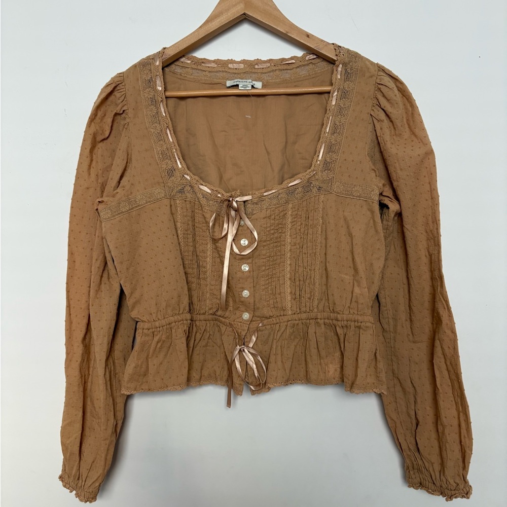 New America Eagle Babydoll Tie Long Sleeve Cotton Blouse Medium